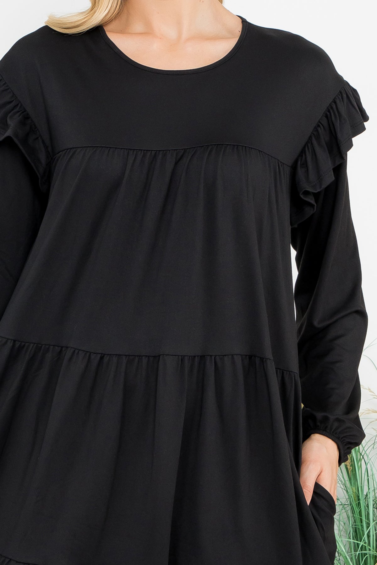 LONG SLEEVE RUFFLE DETAIL SOLID DRESS 1-1-1-1