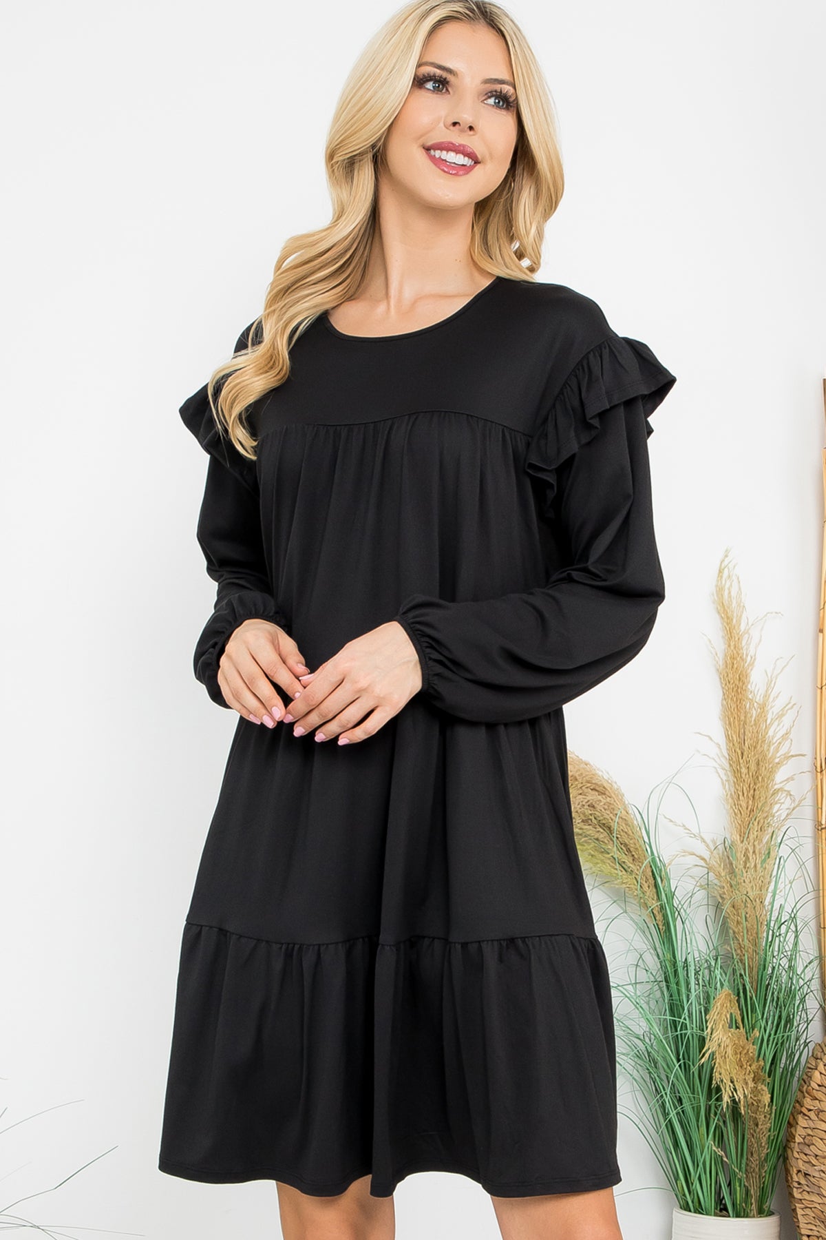 LONG SLEEVE RUFFLE DETAIL SOLID DRESS 1-1-1-1