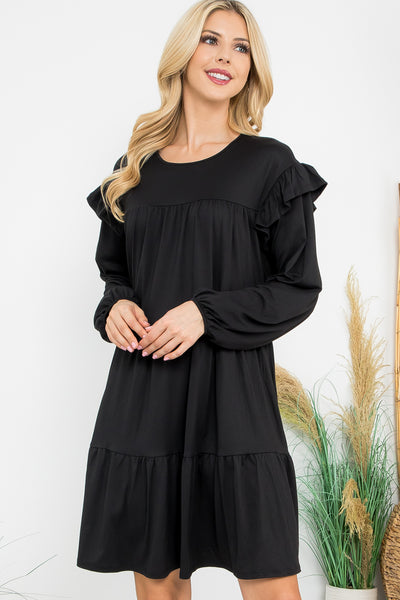 LONG SLEEVE RUFFLE DETAIL SOLID DRESS 1-1-1-1