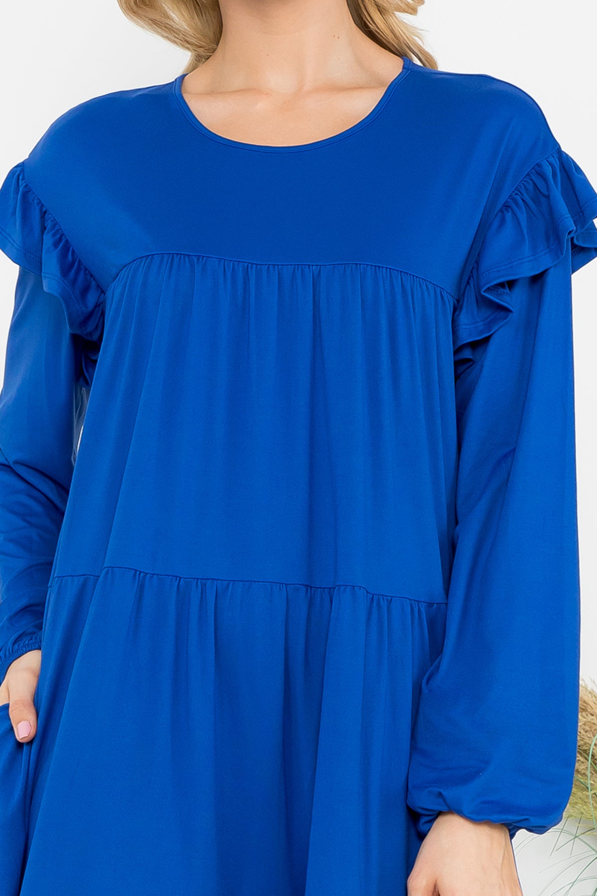 LONG SLEEVE RUFFLE DETAIL SOLID DRESS 1-1-1-1