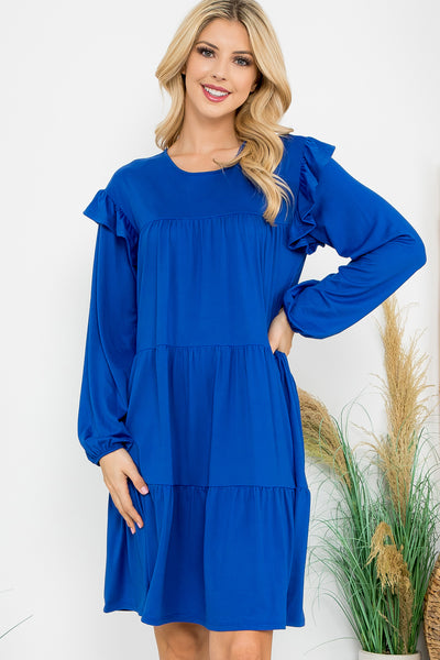 LONG SLEEVE RUFFLE DETAIL SOLID DRESS 1-1-1-1