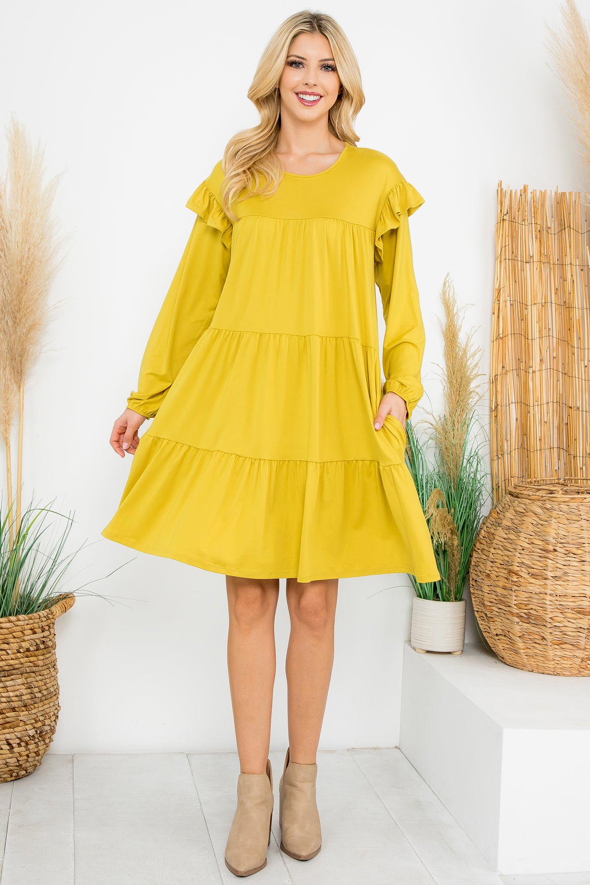 LONG SLEEVE RUFFLE DETAIL SOLID DRESS 1-1-1-1