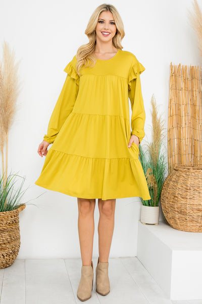 LONG SLEEVE RUFFLE DETAIL SOLID DRESS 1-1-1-1