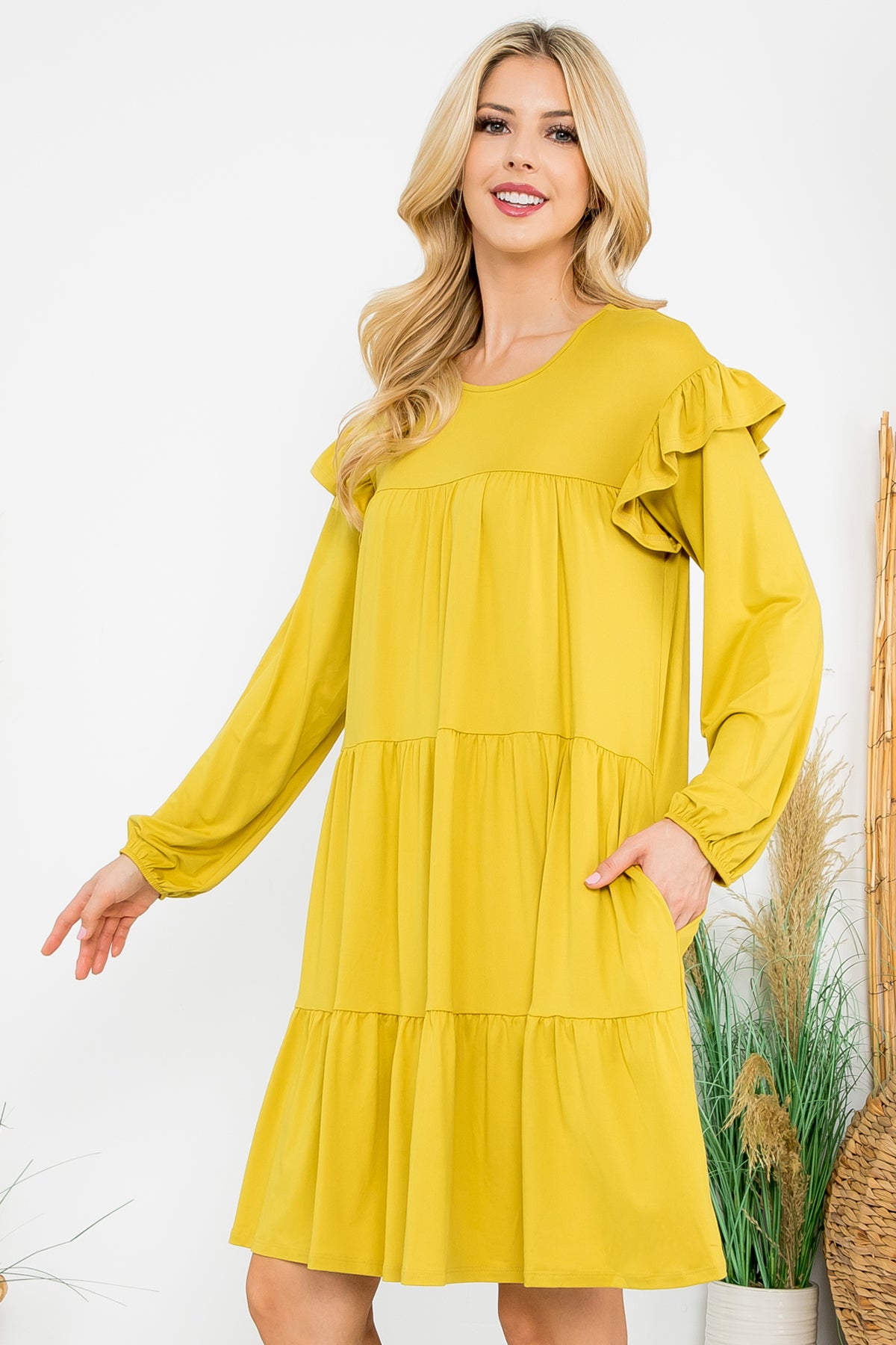 LONG SLEEVE RUFFLE DETAIL SOLID DRESS 1-1-1-1