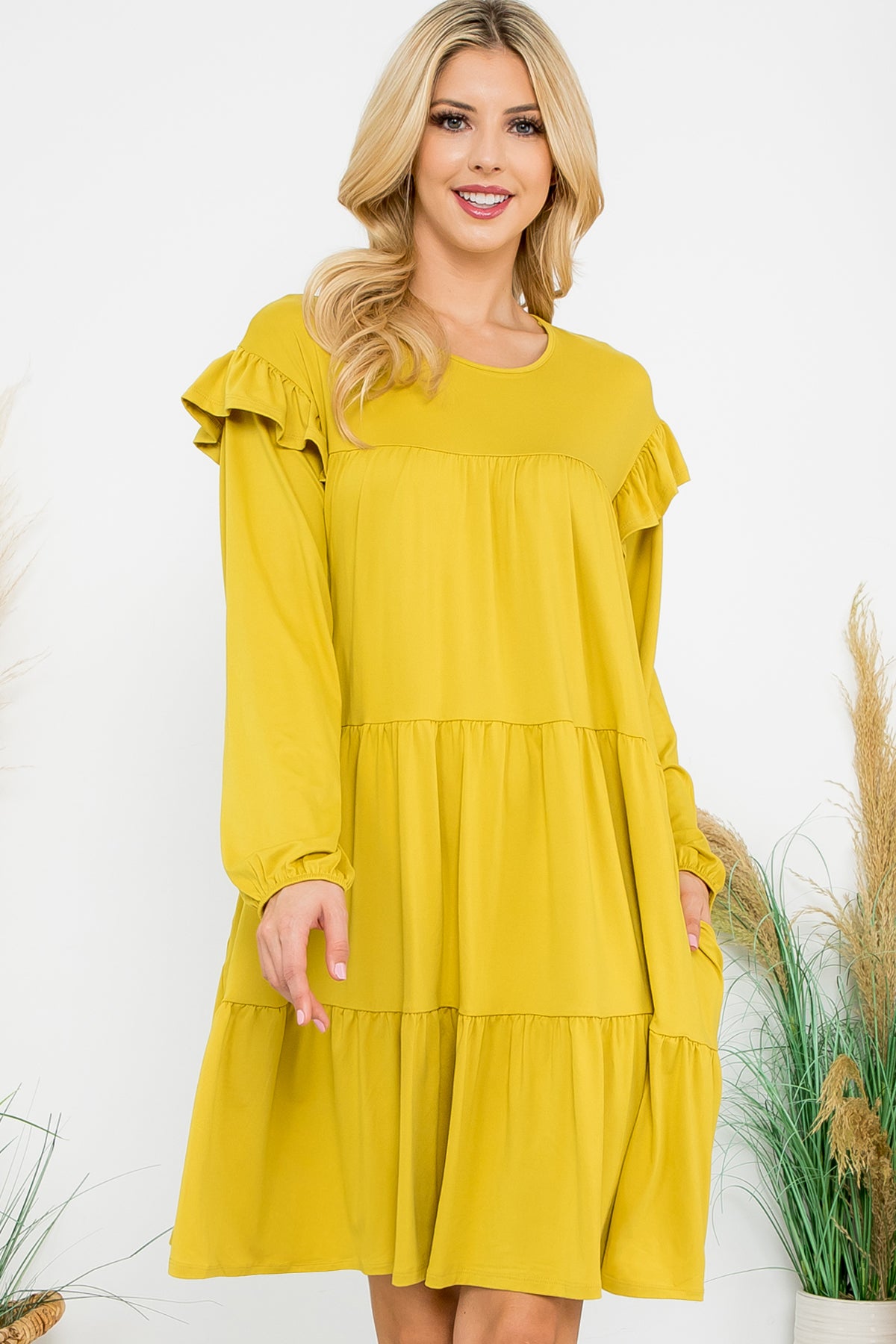 LONG SLEEVE RUFFLE DETAIL SOLID DRESS 1-1-1-1