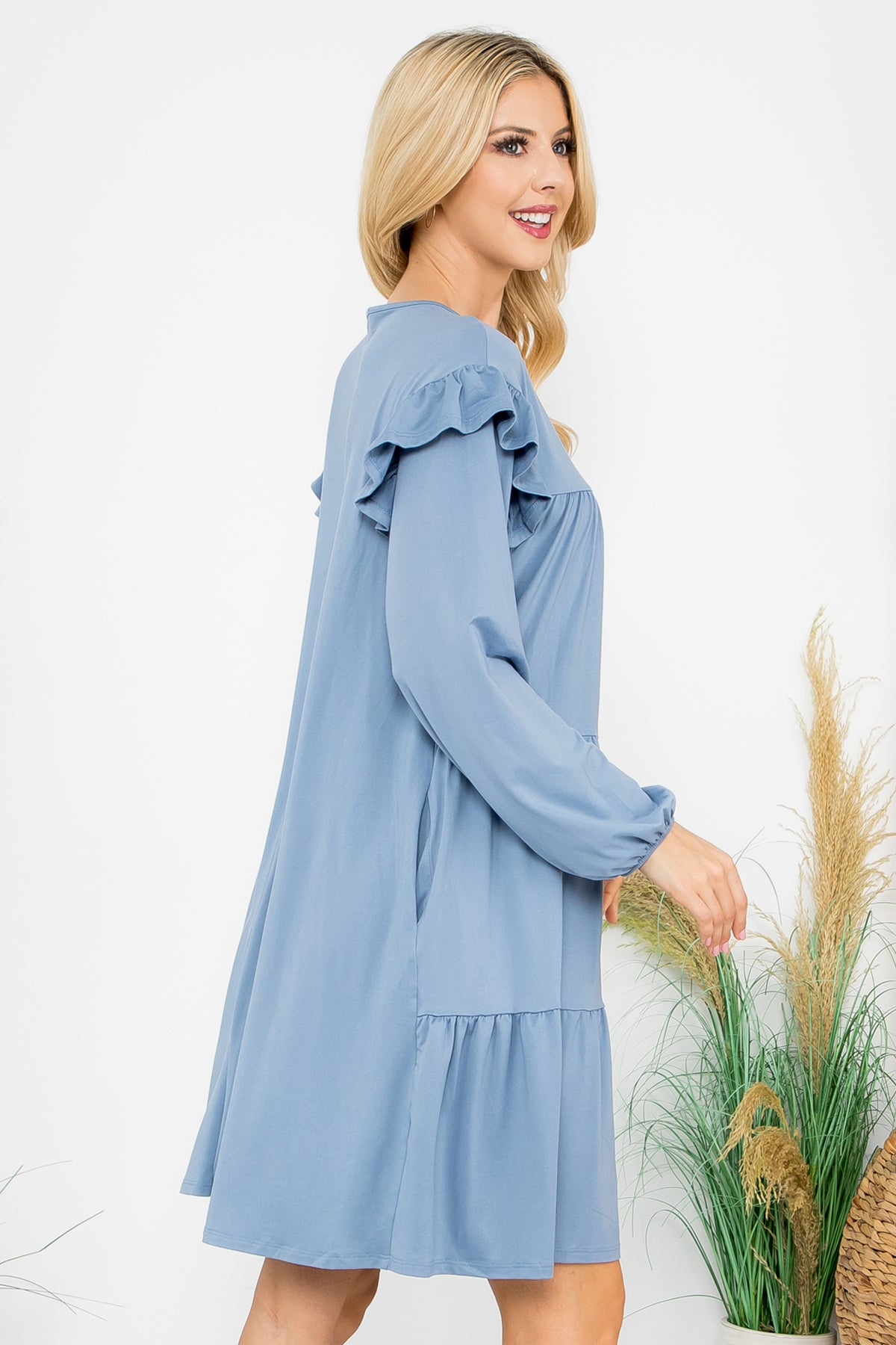 LONG SLEEVE RUFFLE DETAIL SOLID DRESS 1-1-1-1