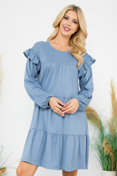 LONG SLEEVE RUFFLE DETAIL SOLID DRESS 1-1-1-1