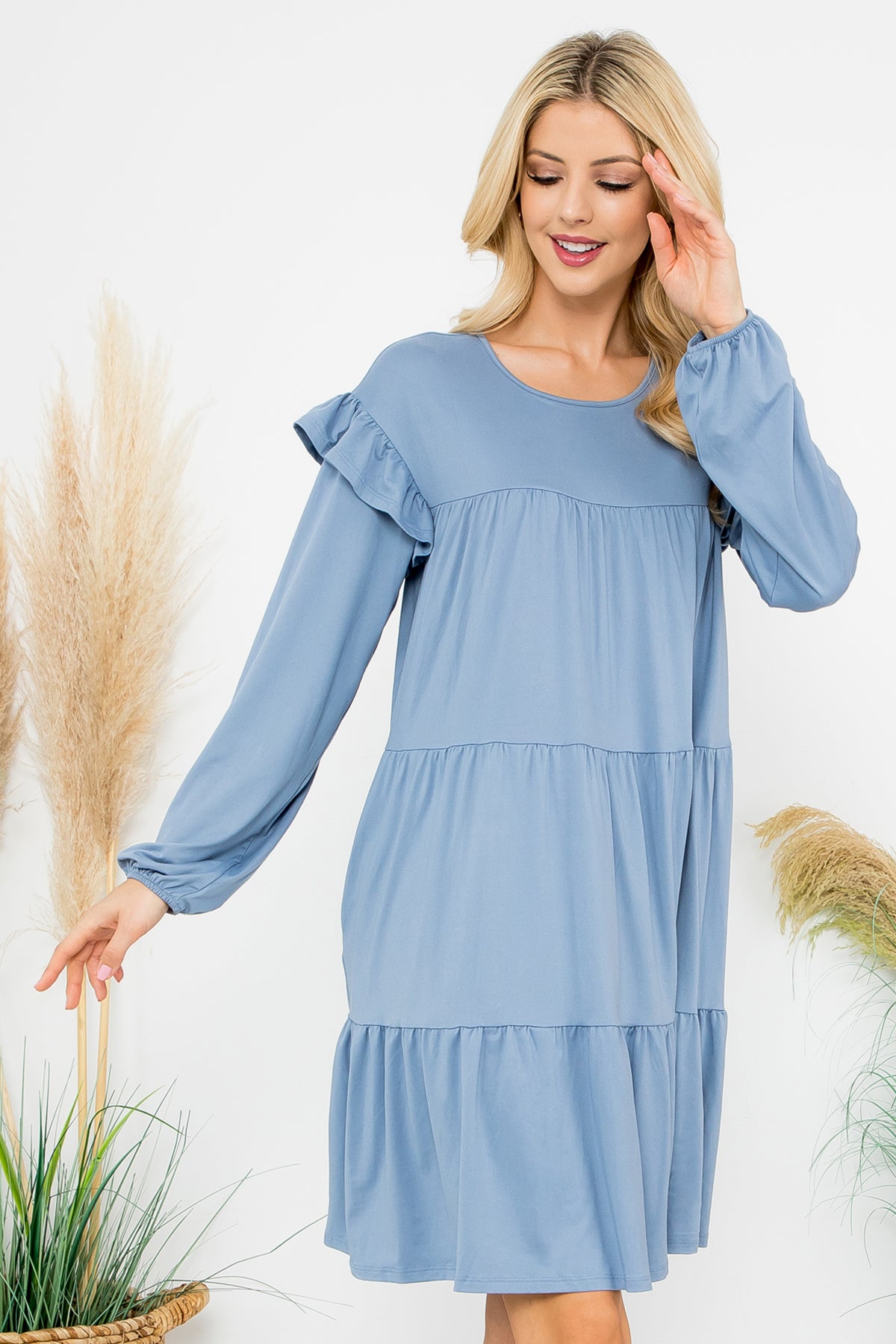 LONG SLEEVE RUFFLE DETAIL SOLID DRESS 1-1-1-1