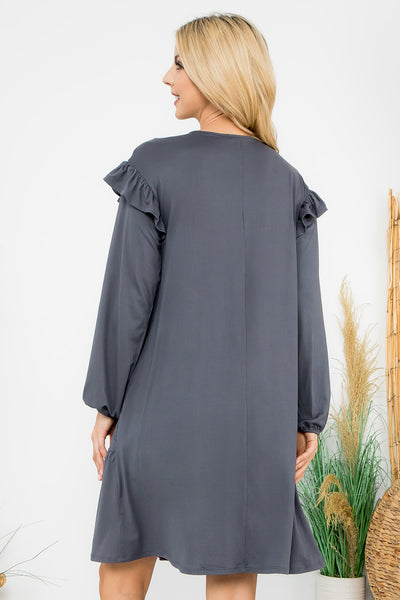 LONG SLEEVE RUFFLE DETAIL SOLID DRESS 1-1-1-1