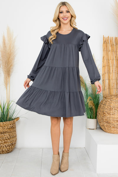 LONG SLEEVE RUFFLE DETAIL SOLID DRESS 1-1-1-1