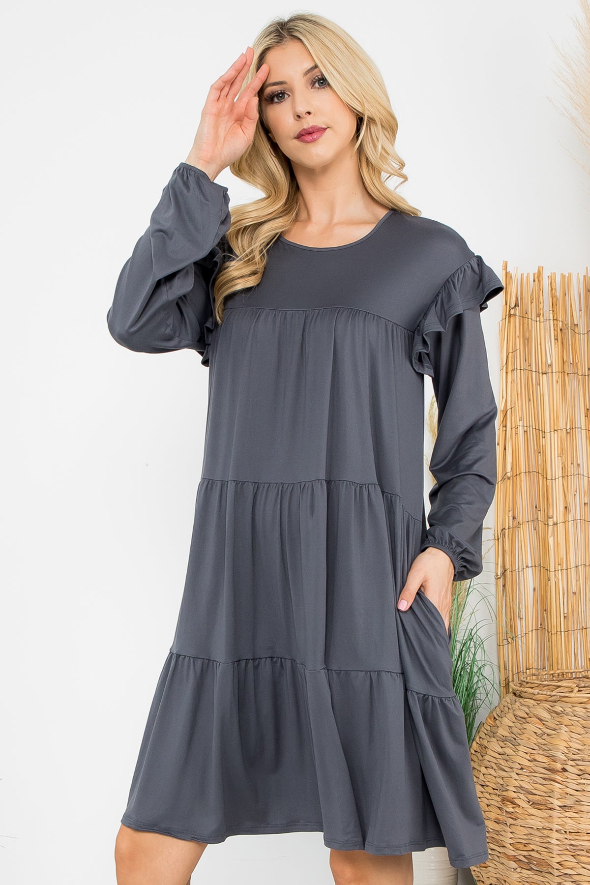 LONG SLEEVE RUFFLE DETAIL SOLID DRESS 1-1-1-1