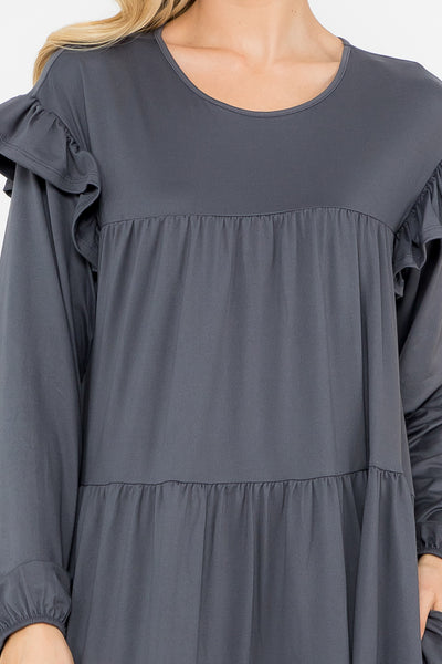 LONG SLEEVE RUFFLE DETAIL SOLID DRESS 1-1-1-1