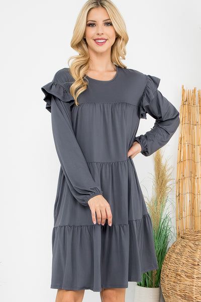 LONG SLEEVE RUFFLE DETAIL SOLID DRESS 1-1-1-1