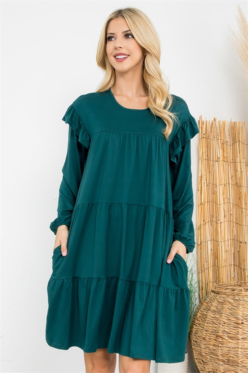 YMD10024V-LONG SLEEVE RUFFLE DETAIL SOLID DRESS 1-1-1-1