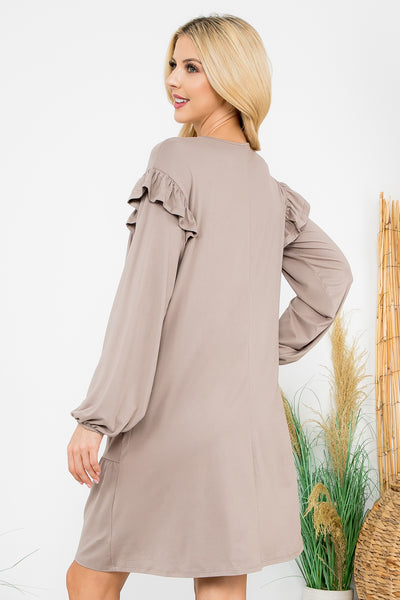 LONG SLEEVE RUFFLE DETAIL SOLID DRESS 1-1-1-1