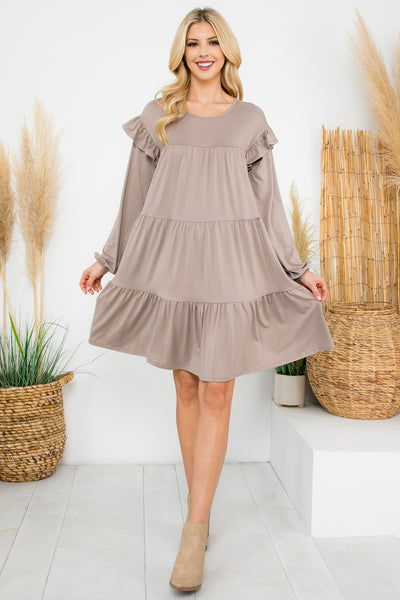 LONG SLEEVE RUFFLE DETAIL SOLID DRESS 1-1-1-1