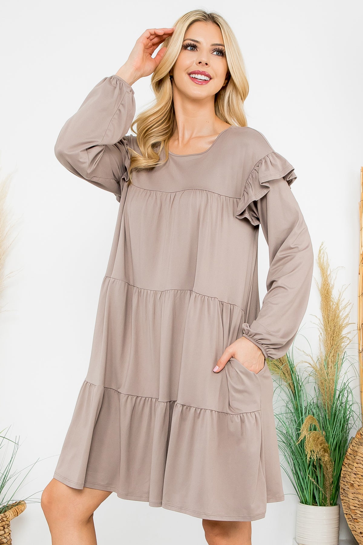 LONG SLEEVE RUFFLE DETAIL SOLID DRESS 1-1-1-1