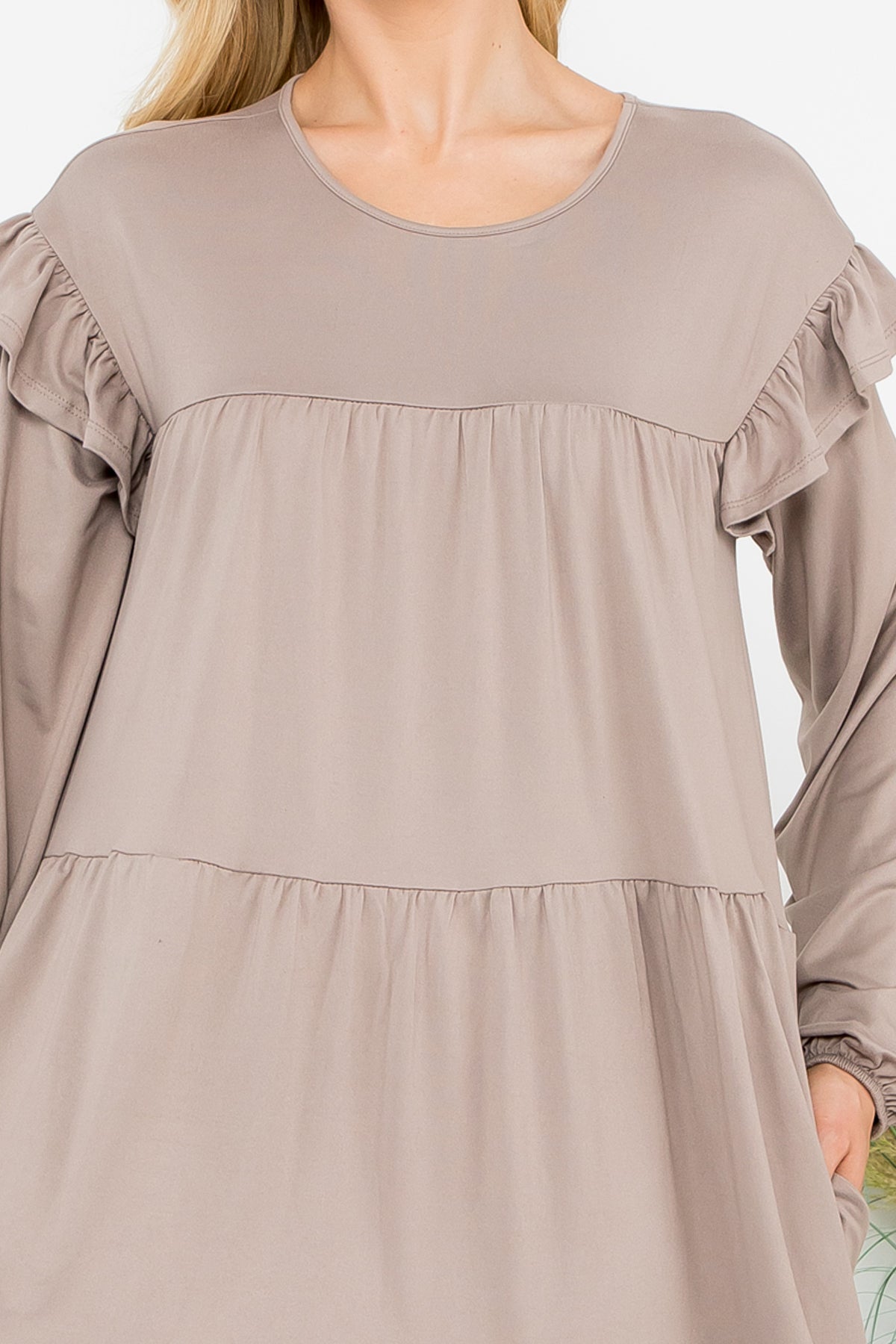 LONG SLEEVE RUFFLE DETAIL SOLID DRESS 1-1-1-1