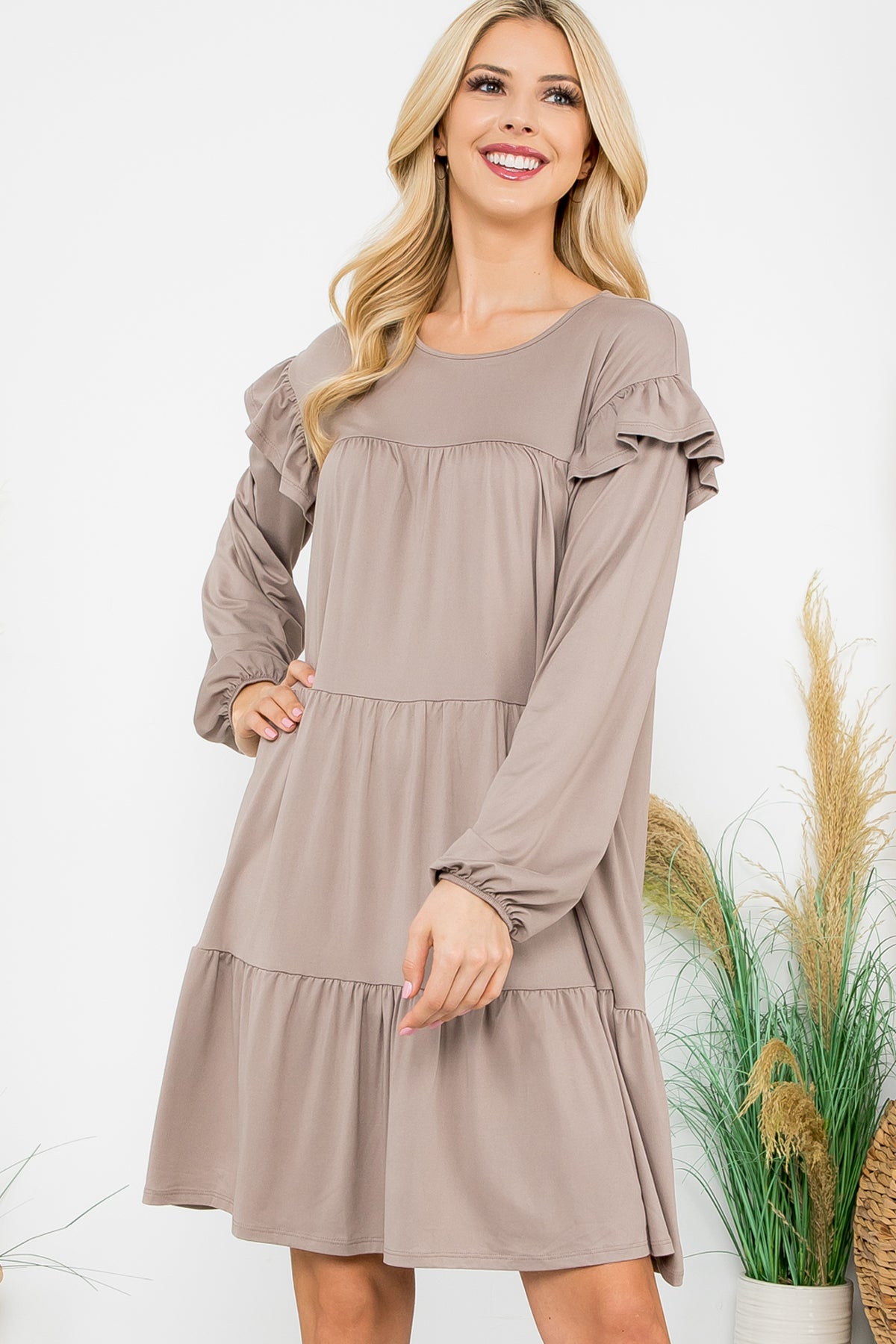 LONG SLEEVE RUFFLE DETAIL SOLID DRESS 1-1-1-1