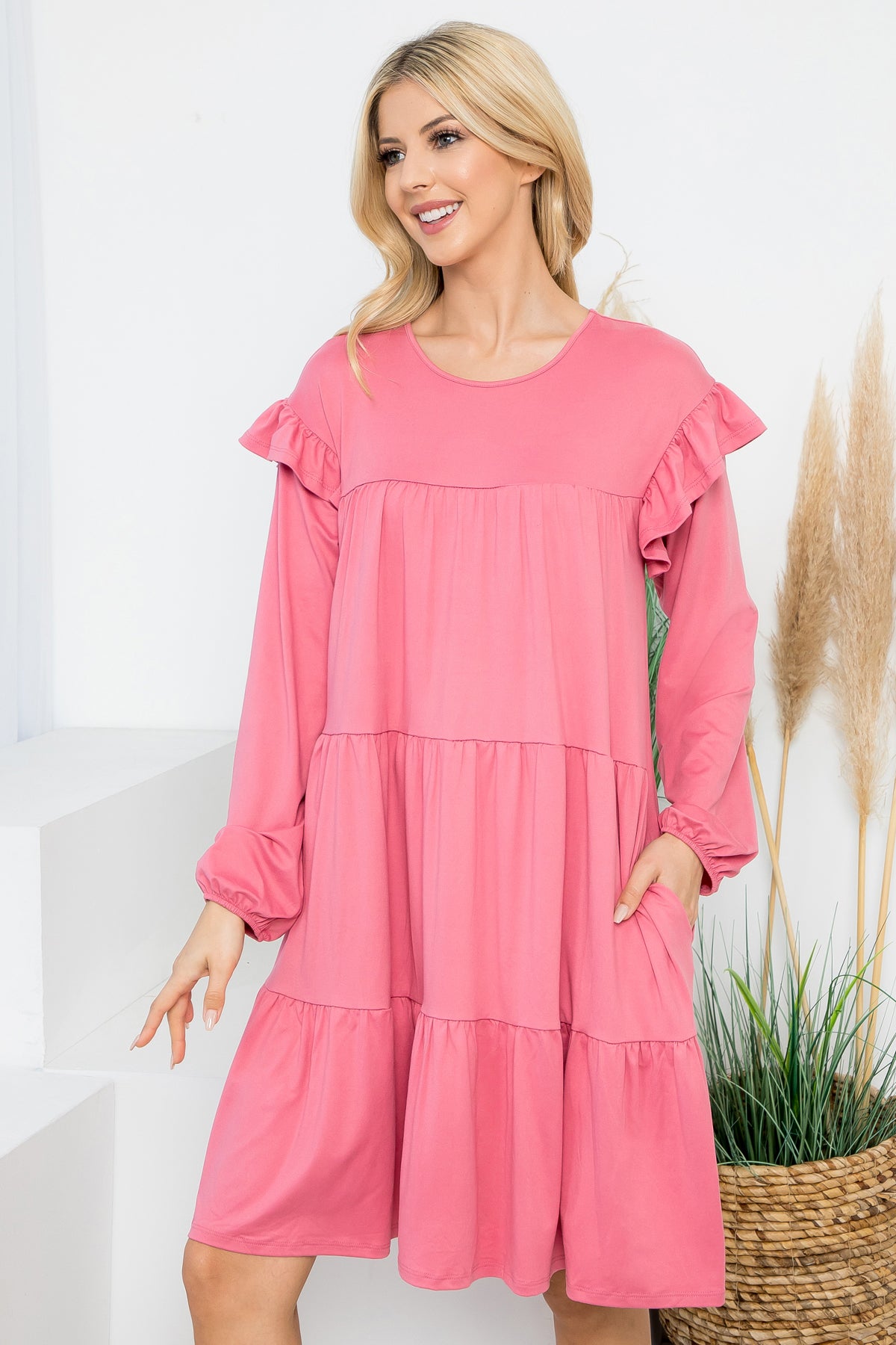 LONG SLEEVE RUFFLE DETAIL SOLID DRESS 1-1-1-1