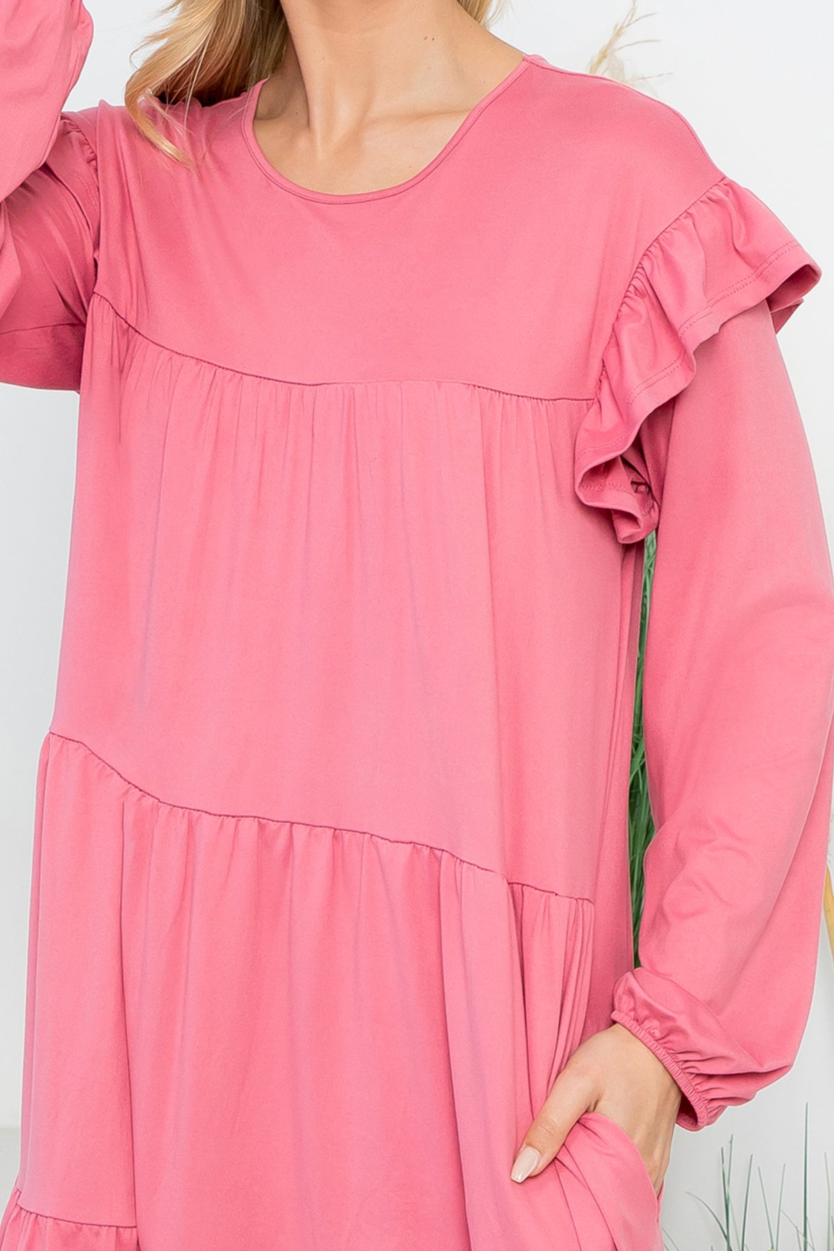 LONG SLEEVE RUFFLE DETAIL SOLID DRESS 1-1-1-1