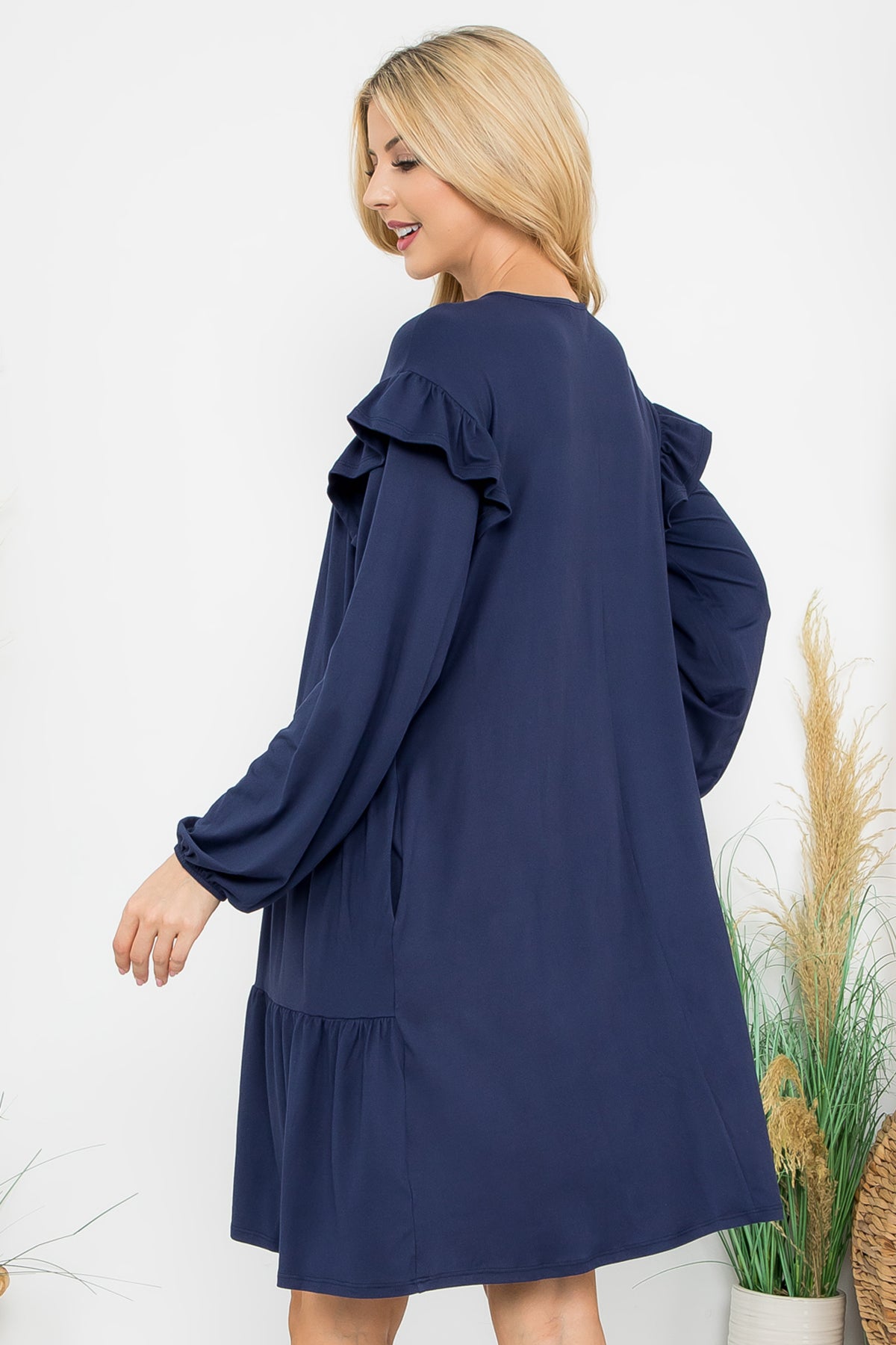 LONG SLEEVE RUFFLE DETAIL SOLID DRESS 1-1-1-1