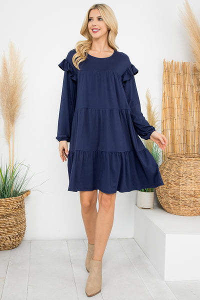 LONG SLEEVE RUFFLE DETAIL SOLID DRESS 1-1-1-1