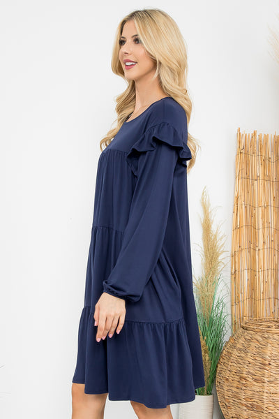 LONG SLEEVE RUFFLE DETAIL SOLID DRESS 1-1-1-1