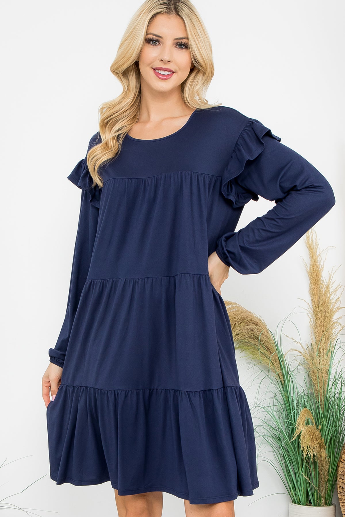 LONG SLEEVE RUFFLE DETAIL SOLID DRESS 1-1-1-1