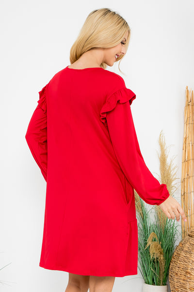 LONG SLEEVE RUFFLE DETAIL SOLID DRESS 1-1-1-1