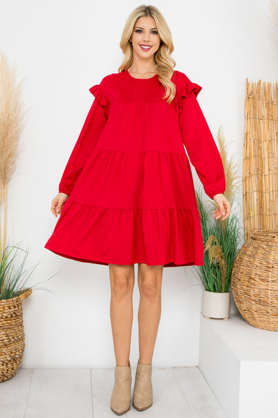 LONG SLEEVE RUFFLE DETAIL SOLID DRESS 1-1-1-1