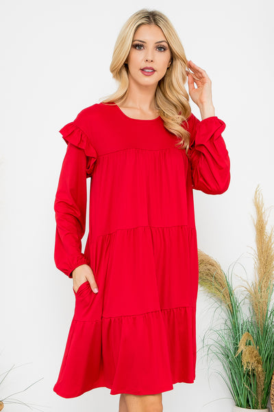 LONG SLEEVE RUFFLE DETAIL SOLID DRESS 1-1-1-1