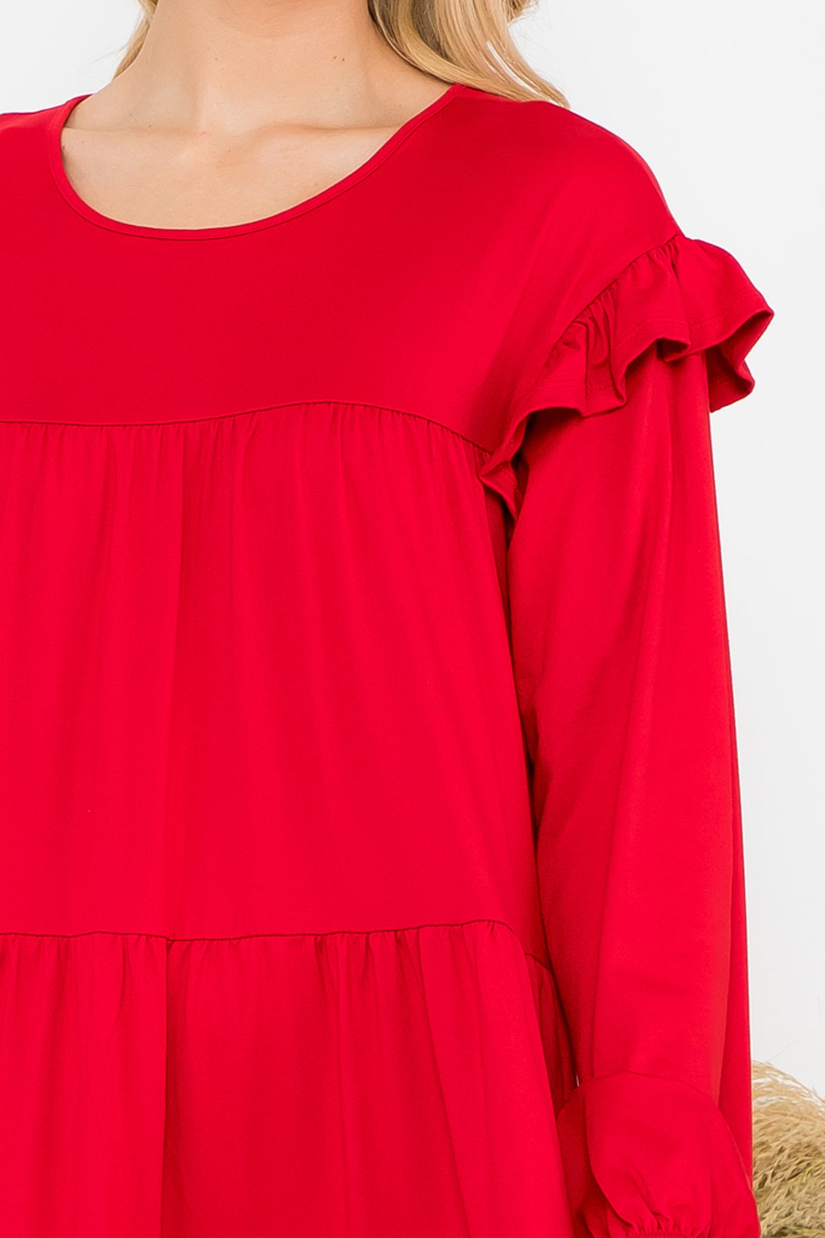 LONG SLEEVE RUFFLE DETAIL SOLID DRESS 1-1-1-1