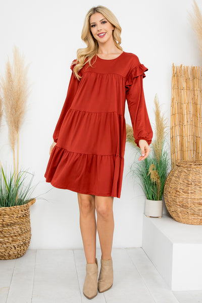 LONG SLEEVE RUFFLE DETAIL SOLID DRESS 1-1-1-1