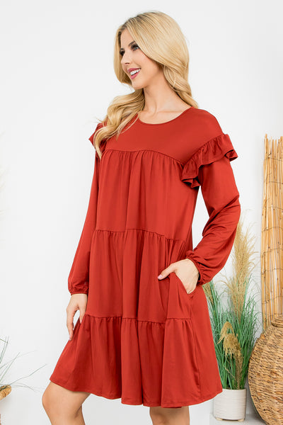 LONG SLEEVE RUFFLE DETAIL SOLID DRESS 1-1-1-1