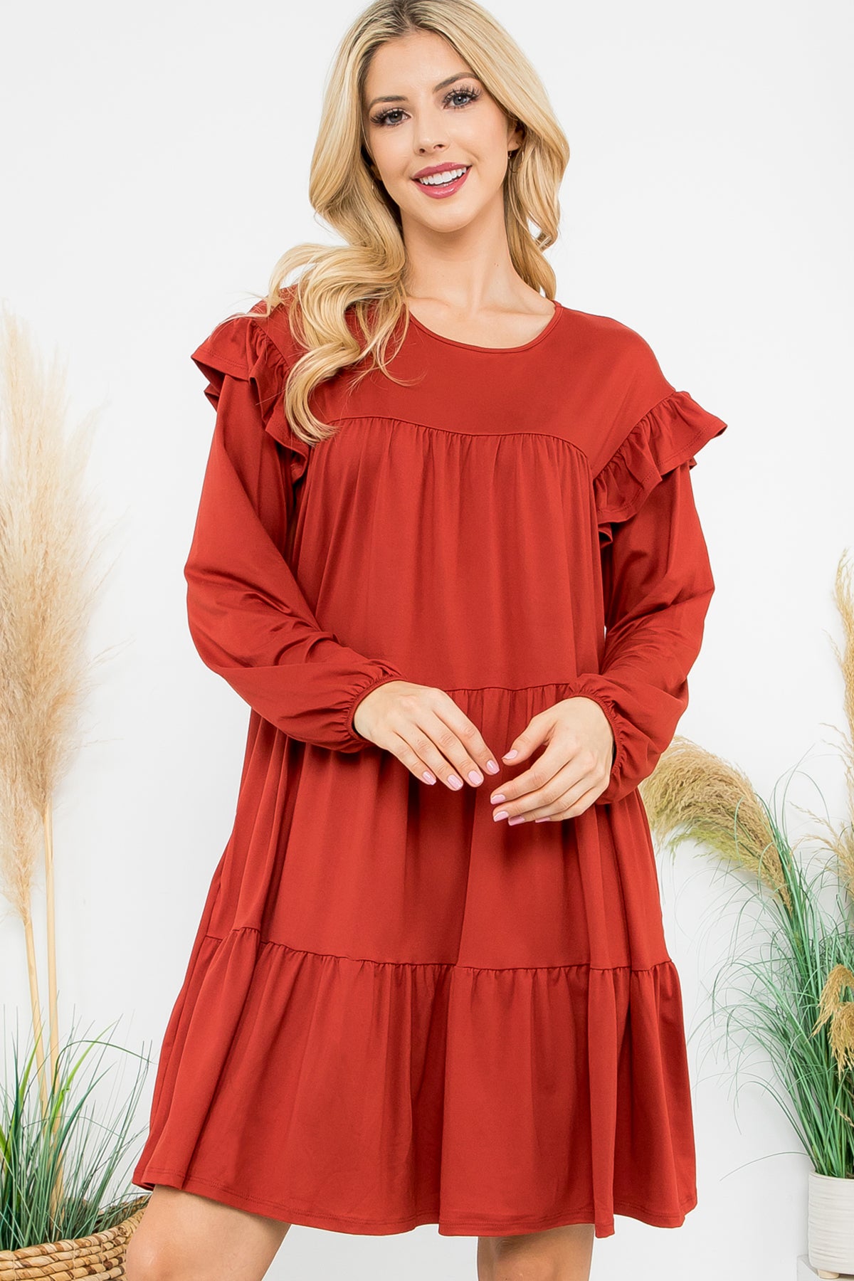 LONG SLEEVE RUFFLE DETAIL SOLID DRESS 1-1-1-1