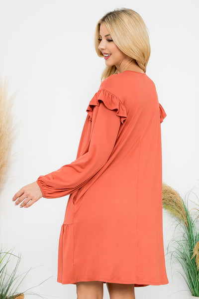 LONG SLEEVE RUFFLE DETAIL SOLID DRESS 1-1-1-1