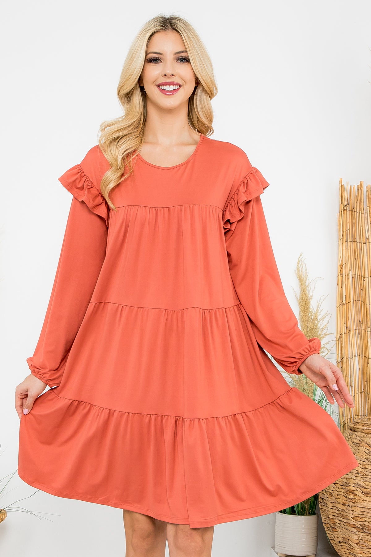 LONG SLEEVE RUFFLE DETAIL SOLID DRESS 1-1-1-1