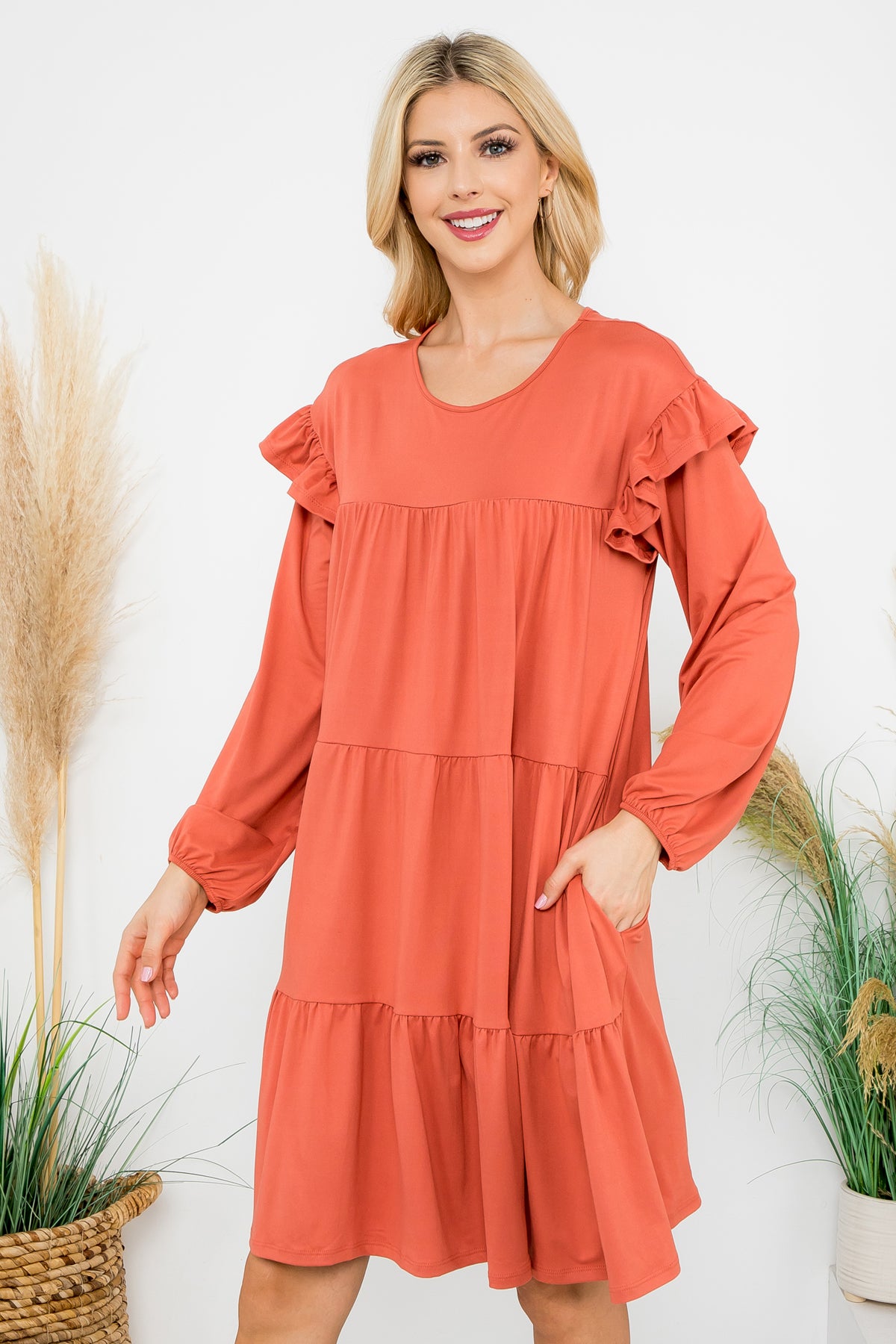 LONG SLEEVE RUFFLE DETAIL SOLID DRESS 1-1-1-1