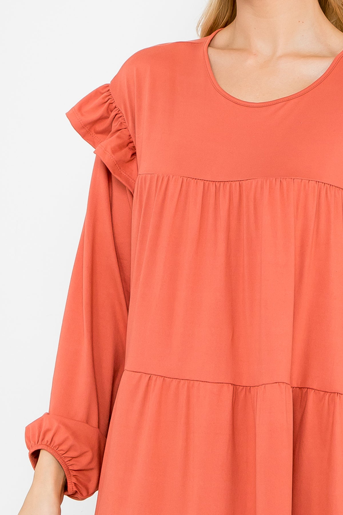 LONG SLEEVE RUFFLE DETAIL SOLID DRESS 1-1-1-1