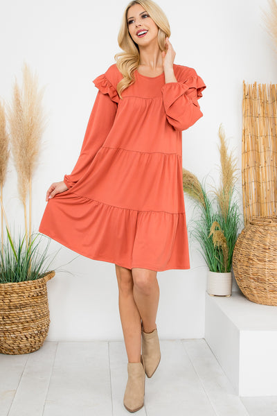 LONG SLEEVE RUFFLE DETAIL SOLID DRESS 1-1-1-1