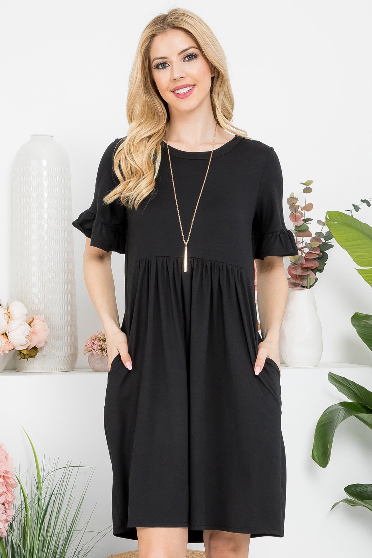 YMD10029-SOLID RUFFLE SHORT SLEEVE ABOVE KNEE DRESS 1-2-1-2