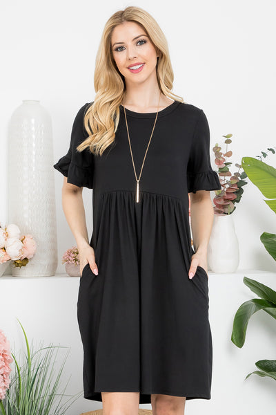 YMD10029-SOLID RUFFLE SHORT SLEEVE ABOVE KNEE DRESS 1-2-1-2