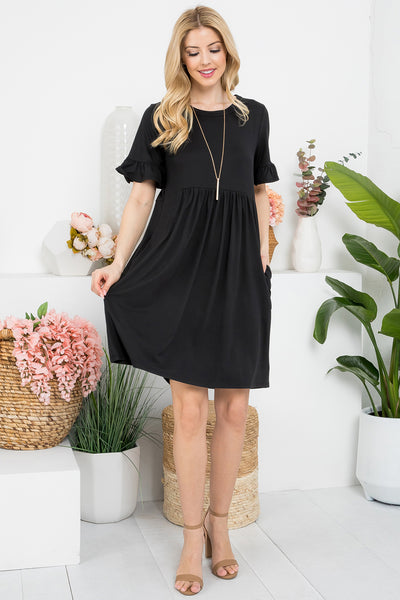 YMD10029-SOLID RUFFLE SHORT SLEEVE ABOVE KNEE DRESS 1-2-1-2