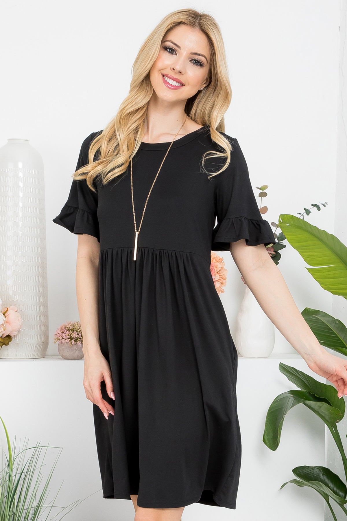 YMD10029-SOLID RUFFLE SHORT SLEEVE ABOVE KNEE DRESS 1-2-1-2