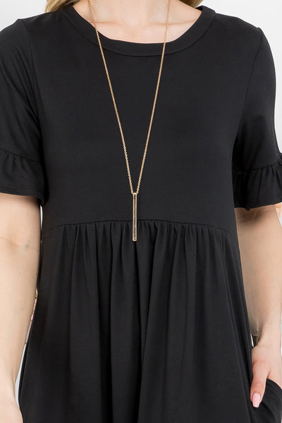 YMD10029-SOLID RUFFLE SHORT SLEEVE ABOVE KNEE DRESS 1-2-1-2