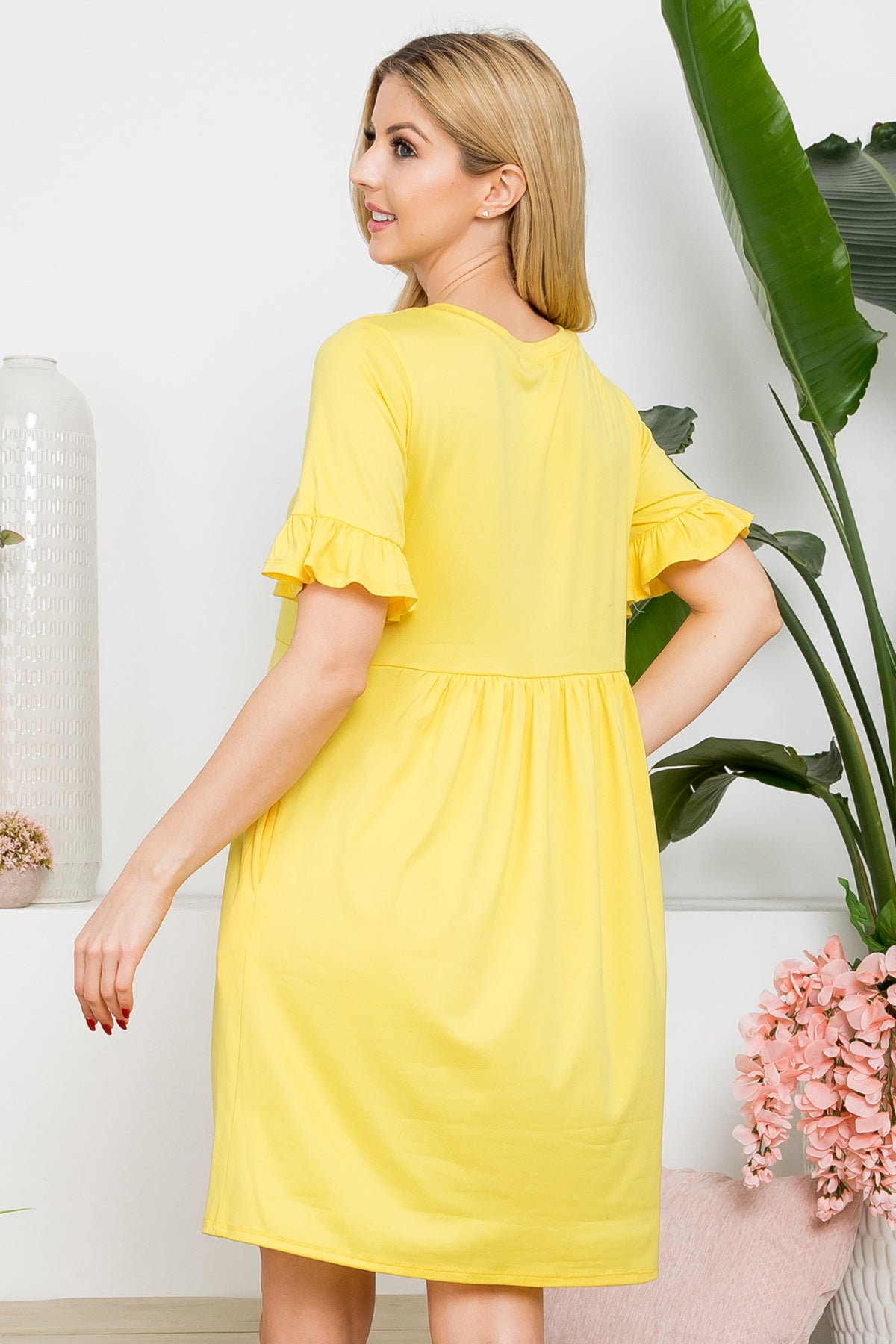 YMD10029-SOLID RUFFLE SHORT SLEEVE ABOVE KNEE DRESS 0-1-2-2