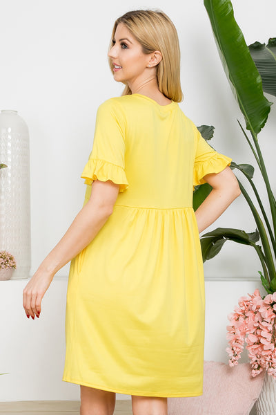 YMD10029-SOLID RUFFLE SHORT SLEEVE ABOVE KNEE DRESS 0-1-2-2