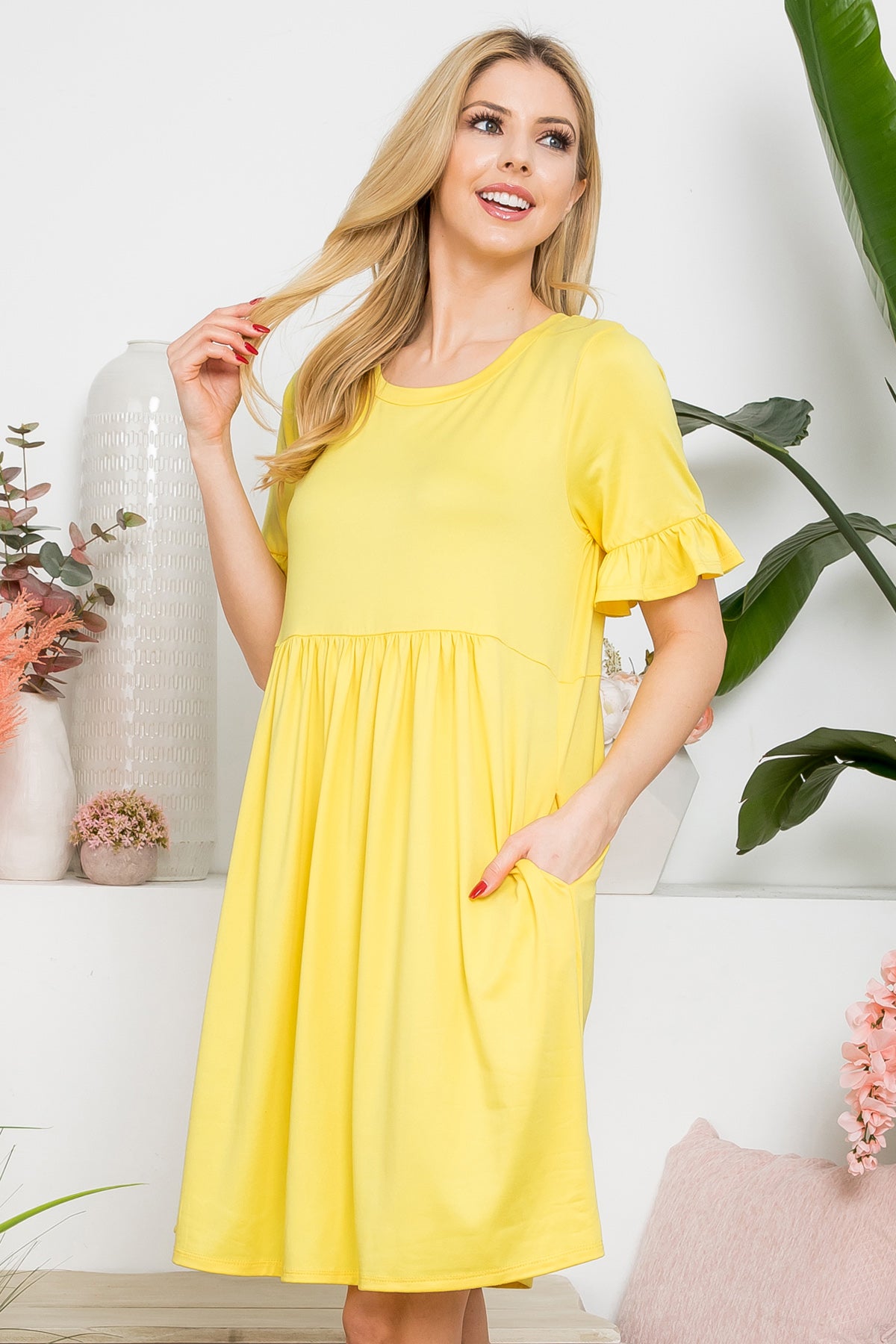YMD10029-SOLID RUFFLE SHORT SLEEVE ABOVE KNEE DRESS 0-1-2-2