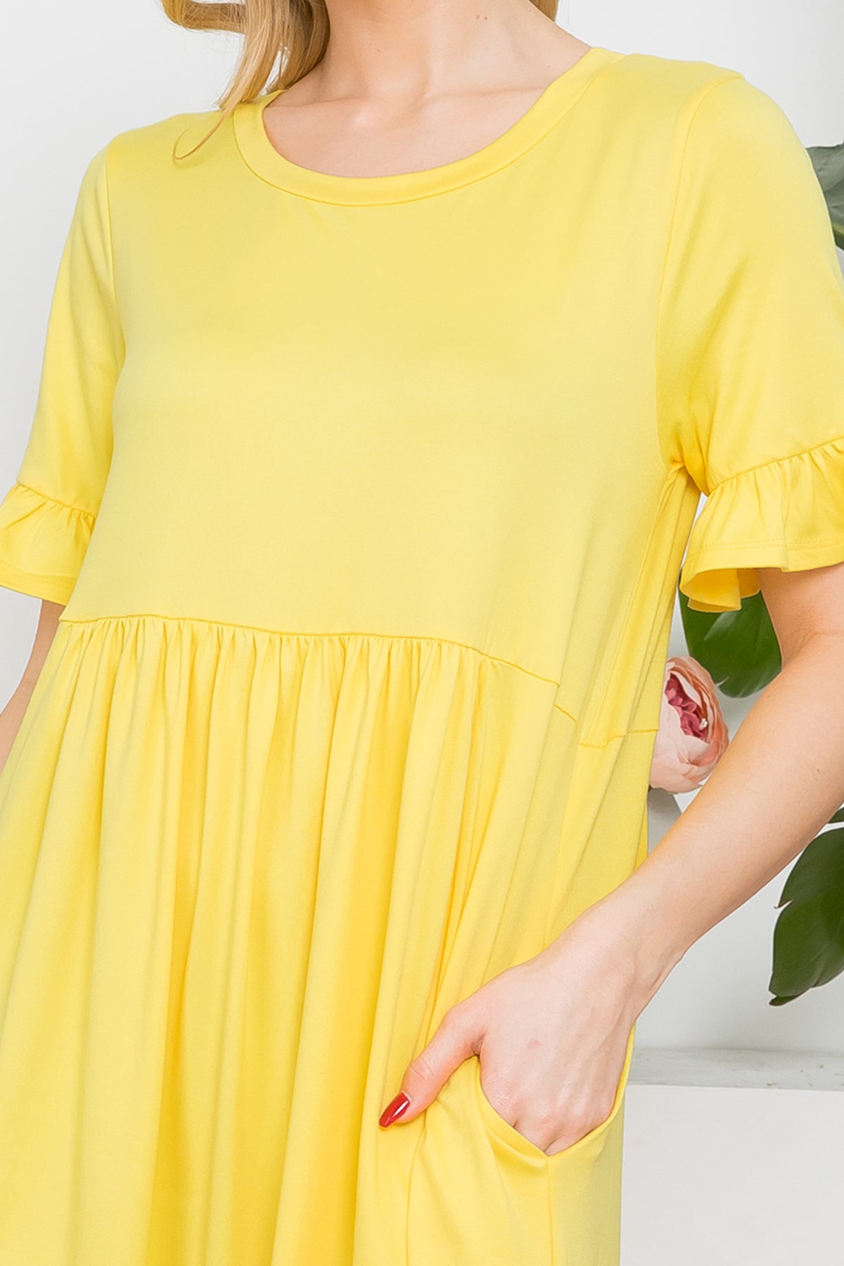 YMD10029-SOLID RUFFLE SHORT SLEEVE ABOVE KNEE DRESS 0-1-2-2